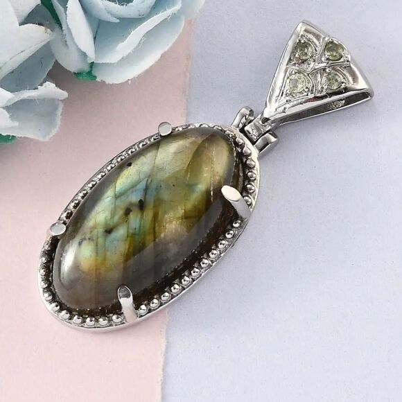 NIB Malagasy Labradorite & Peridot Solitaire Pendant, Stainless Steel Necklace - Picture 11 of 12